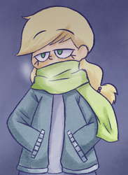 Size: 648x887 | Tagged: safe, artist:typhwosion, applejack, human, g4, clothes, cute, female, hand in pocket, humanized, jackabetes, jacket, lidded eyes, no pupils, scarf, solo