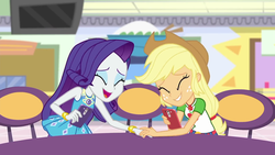 Size: 1920x1080 | Tagged: safe, screencap, applejack, rarity, equestria girls, equestria girls specials, g4, my little pony equestria girls: better together, my little pony equestria girls: rollercoaster of friendship, canterlot mall, cellphone, cute, duo, female, laughing, phone, shipping fuel, smartphone