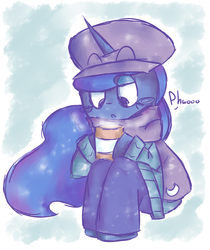 Size: 1251x1489 | Tagged: safe, artist:typhwosion, princess luna, semi-anthro, g4, arm hooves, cap, clothes, cute, female, hat, hot drink, lunabetes, mug, pants, scarf, solo, sweater