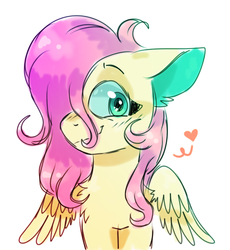 Size: 936x1017 | Tagged: safe, artist:cordearcoiris, fluttershy, pegasus, pony, g4, chest fluff, colored ears, cute, ear fluff, female, floating heart, hair over one eye, heart, looking at you, mare, shyabetes, simple background, solo, spread wings, stray strand, white background, wings
