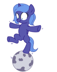 Size: 3011x3850 | Tagged: safe, artist:yaco, princess luna, alicorn, pony, g4, balancing, bipedal, cute, female, filly, frown, high res, looking down, lunabetes, mare, moon, raised leg, s1 luna, shivering, simple background, solo, tangible heavenly object, transparent background, underhoof, wide eyes, woona, younger