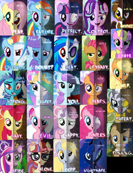 Size: 1446x1885 | Tagged: safe, artist:tehjadeh, apple bloom, applejack, babs seed, derpy hooves, dj pon-3, doctor whooves, fluttershy, moondancer, nightmare moon, pinkie pie, princess celestia, princess ember, princess luna, queen chrysalis, rainbow dash, scootaloo, starlight glimmer, sweetie belle, time turner, trixie, twilight sparkle, vinyl scratch, zecora, oc, alicorn, crystal pony, earth pony, pegasus, pony, unicorn, two sided posters, g4, cape, clothes, cutie mark crusaders, disguise, disguised changeling, dragon lord ember, fake cadance, hat, pinkamena diane pie, sonic screwdriver, split screen, super rainbow dash, trixie's cape, trixie's hat, twilight snapple, two sides, was there ever any doubt?, you're going to love me