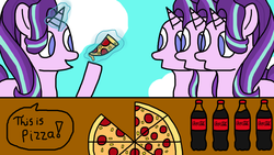Size: 1366x768 | Tagged: safe, artist:raulixevergreen, starlight glimmer, pony, unicorn, g4, clone, cloning, coca-cola, cute, day, female, food, funny, magic, meat, pepperoni, pepperoni pizza, pizza, text