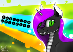 Size: 4327x3137 | Tagged: safe, artist:dave_sherk, oc, oc only, oc:unsolved mystery, kirin, pony, unicorn, abstract background, birthday gift, blushing, bust, commission, female, green eyes, looking at you, mare, portrait, smiling, solo, text