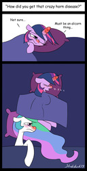 Size: 900x1755 | Tagged: safe, artist:strebiskunk, princess celestia, twilight sparkle, pony, unicorn, ask horn warmer twilight, ail-icorn, g4, spoiler:interseason shorts, ask, bed, blanket, comic, duo, duo female, female, implied horn penetration, implied penetration, pillow, red nosed, sick, signature, sleeping, tumblr, zzz