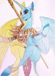 Size: 749x1024 | Tagged: safe, artist:favoredartist, alicorn, pony, semi-anthro, arm hooves, armor, colored pencil drawing, colored sclera, crossed legs, crossover, elder scrolls, herm, horn, intersex, jewelry, levitation, magic, morrowind, ponified, red eyes, red sclera, smiling, solo, spear, spread wings, telekinesis, the elder scrolls, traditional art, vivec, weapon, wings