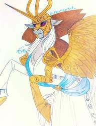 Size: 784x1024 | Tagged: safe, artist:favoredartist, alicorn, pony, amputee, armor, artificial wings, augmented, clothes, colored pencil drawing, colored sclera, elder scrolls, helmet, horn, male, mask, mechanical wing, morrowind, ponified, prosthetic leg, prosthetic limb, prosthetic wing, prosthetics, rearing, red eyes, red sclera, sash, solo, sotha sil, spread wings, stallion, the elder scrolls, traditional art, wings