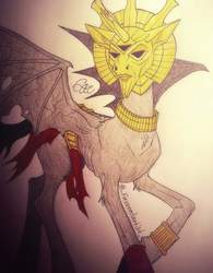 Size: 798x1024 | Tagged: safe, artist:favoredartist, alicorn, pony, bat wings, broken horn, colored pencil drawing, dagoth ur, elder scrolls, grand and intoxicating, horn, male, mask, morrowind, ponified, solo, spread wings, stallion, the elder scrolls, traditional art, wings
