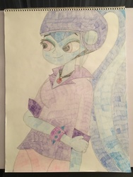 Size: 4032x3024 | Tagged: safe, sonata dusk, equestria girls, g4, my little pony equestria girls: rainbow rocks, bracelet, clothes, colored pencil drawing, helmet, jewelry, pink, ponytail, purple, skirt, traditional art