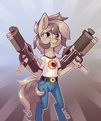 Size: 2000x2400 | Tagged: safe, artist:dsp2003, oc, oc only, oc:stone, earth pony, pony, semi-anthro, >:2, abstract background, arm hooves, bipedal, birthday gift art, blushing, clothes, cosplay, costume, female, gun, high res, jeans, mare, pants, parody, pun, serious pony, serious sam, shirt, smiling, solo, sunburst background, weapon