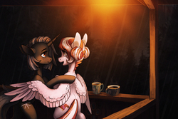 Size: 1874x1254 | Tagged: safe, artist:koviry, oc, oc only, pegasus, pony, unicorn, commission, cup, drink, light, night