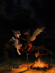 Size: 1288x1709 | Tagged: safe, artist:koviry, oc, oc only, griffon, bonfire, fire, forest, griffon oc, log, night, open mouth, sitting, stars, tree, ych result