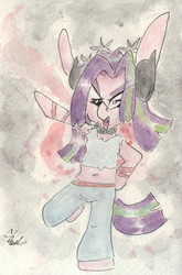 Size: 695x1055 | Tagged: safe, artist:slightlyshade, aria blaze, pony, g4, belly button, bipedal, clothes, female, long ears, midriff, pants, short shirt, solo, traditional art