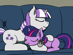 Size: 1800x1350 | Tagged: safe, artist:flutterluv, smarty pants, twilight sparkle, twilight velvet, pony, unicorn, g4, couch, cuddling, cute, eyes closed, female, filly, filly twilight sparkle, hug, lying down, mare, mother and daughter, sleeping, twiabetes, younger