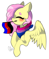 Size: 2301x2775 | Tagged: safe, artist:cordearcoiris, fluttershy, pegasus, pony, g4, beanbrows, bisexual pride flag, blushing, clothes, cute, eyebrows, eyes closed, female, headcanon, high res, lgbt headcanon, mare, mouth hold, polyamory pride flag, pride, pride flag, scarf, sexuality headcanon, shyabetes, simple background, solo, white background