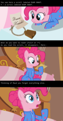 Size: 1000x1907 | Tagged: safe, edit, edited screencap, screencap, pinkie pie, earth pony, pony, g4, rock solid friendship, bed, bell, caption, clothes, cowbell, female, footed sleeper, footie pajamas, image macro, implied maud pie, letter, mare, meme, nethack, note, pajamas, pie sisters pajamas, pinkie's bedroom, scroll of amnesia, solo, text, video game reference