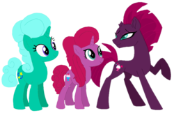 Size: 1554x1007 | Tagged: safe, artist:徐詩珮, fizzlepop berrytwist, glitter drops, tempest shadow, oc, oc:betty pop, pony, unicorn, g4, base used, broken horn, family, female, horn, lesbian, magical lesbian spawn, mother and daughter, next generation, offspring, parent:glitter drops, parent:tempest shadow, parents:glittershadow, ship:glittershadow, shipping, simple background, transparent background