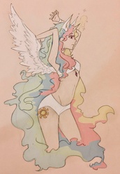 Size: 1079x1572 | Tagged: dead source, safe, artist:拔刀少女, princess celestia, human, g4, alicorn humanization, armpits, belly button, eared humanization, female, horn, horned humanization, humanized, magic, midriff, solo, traditional art, winged humanization, wings