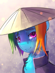 Size: 491x658 | Tagged: safe, artist:leesys, artist:xbi, colorist:xbi, derpibooru exclusive, rainbow dash, pony, g4, alternate hairstyle, asian conical hat, bust, chest fluff, clothes, collaboration, context is for the weak, female, hat, looking at you, mare, portrait, sharingan, smiling, solo