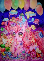 Size: 1080x1487 | Tagged: dead source, safe, artist:llllllllleft, pinkie pie, earth pony, pony, g4, balloon, female, mare, solo, traditional art