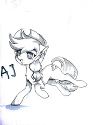 Size: 2435x3285 | Tagged: dead source, safe, artist:llllllllleft, applejack, earth pony, pony, g4, female, high res, mare, monochrome, solo, traditional art