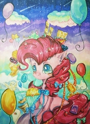 Size: 960x1314 | Tagged: dead source, safe, artist:llllllllleft, pinkie pie, earth pony, pony, g4, balloon, bowtie, female, mare, solo, traditional art