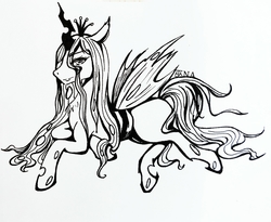 Size: 2160x1768 | Tagged: dead source, safe, artist:巫na, queen chrysalis, changeling, changeling queen, g4, crown, female, jewelry, monochrome, regalia, simple background, solo, white background