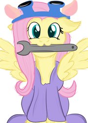 Size: 720x1000 | Tagged: safe, artist:jbond, fluttershy, pegasus, pony, g4, :3, adorable face, chip and dale rescue rangers, clothes, cosplay, costume, cute, female, fluffy, gadget hackwrench, gift art, goggles, mare, mouth hold, shyabetes, simple background, solo, white background, wrench