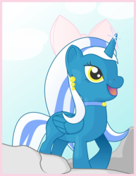 Size: 720x935 | Tagged: safe, artist:aquilateagle, oc, oc:fleurbelle, alicorn, pony, adorabelle, alicorn oc, bow, choker, cloud, cute, female, folded wings, hair bow, happy, jewelry, long hair, long mane, long tail, mare, mouth, ocbetes, open mouth, ribbon, rock, sweet, toy, wings, yellow eyes