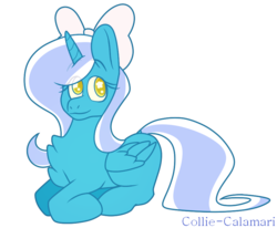 Size: 853x704 | Tagged: safe, artist:collie-calamari, oc, oc only, oc:fleurbelle, alicorn, pony, adorabelle, alicorn oc, bow, chest fluff, content, cute, female, folded wings, hair bow, happy, long eyelashes, long hair, long mane, long tail, looking at you, mare, pink bow, ribbon, round ears, signature, simple background, sitting, smiling, solo, starry eyes, sweet, transparent background, wingding eyes, wings, yellow eyes
