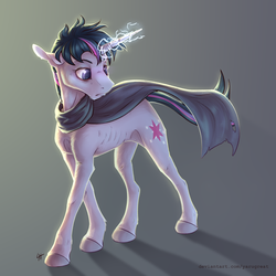 Size: 2500x2500 | Tagged: safe, artist:yarugreat, twilight sparkle, pony, unicorn, g4, alternate universe, cape, clothes, dungeons and dragons, high res, looking down, messy mane, pen and paper rpg, rpg, simple background, skinny, thin, tired, unicorn twilight