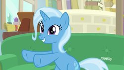 Size: 1600x900 | Tagged: safe, screencap, trixie, pony, unicorn, g4, road to friendship, couch, cute, diatrixes, female, grin, happy, hooves, hooves out, looking at you, mare, sitting, smiling, solo, squee, underhoof
