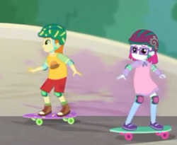 Size: 358x294 | Tagged: safe, screencap, gallop j. fry, little red, human, equestria girls, g4, my little pony equestria girls: better together, sic skateboard, background human, clothes, cropped, dress, female, helmet, knee pads, male, shoes, shorts, skateboard