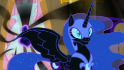 Size: 1662x938 | Tagged: safe, screencap, nightmare moon, tantabus, alicorn, pony, do princesses dream of magic sheep, g4, season 5, armor, broken window, colored eyelashes, concave belly, day, ethereal hair, ethereal mane, ethereal tail, female, helmet, horn, jewelry, mare, peytral, regalia, slender, slit pupils, stained glass, starry hair, starry mane, starry tail, tail, thin, window, wings