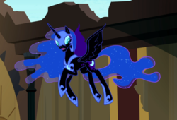 Size: 1220x832 | Tagged: safe, screencap, nightmare moon, alicorn, pony, do princesses dream of magic sheep, g4, season 5, armor, castle of the royal pony sisters, colored eyelashes, concave belly, cropped, day, ethereal hair, ethereal mane, ethereal tail, eyeshadow, female, flying, helmet, hoof shoes, horn, jewelry, looking back, makeup, mare, open mouth, peytral, regalia, slender, slit pupils, solo, spread wings, starry hair, starry mane, starry tail, surprised, tail, thin, wings