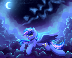 Size: 5555x4444 | Tagged: safe, artist:airiniblock, oc, oc only, oc:night shine, alicorn, pony, rcf community, absurd resolution, alicorn oc, cloud, commission, crescent moon, female, mare, moon, night, open mouth, solo, transparent moon