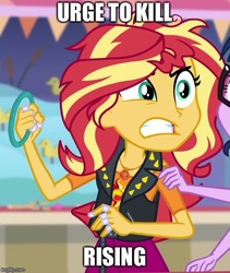 Size: 500x593 | Tagged: safe, edit, edited screencap, screencap, sci-twi, sunset shimmer, twilight sparkle, human, equestria girls, equestria girls series, g4, rollercoaster of friendship, bandaid, caption, eye twitch, geode of empathy, image macro, magical geodes, male, messy hair, offscreen character, rageset shimmer, ring toss, text, the simpsons, urge to kill rising