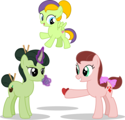 Size: 1280x1231 | Tagged: safe, artist:mlp-trailgrazer, oc, oc only, oc:care heart, oc:matcha scent, oc:windy petal, earth pony, pegasus, pony, unicorn, bow, female, filly, flying, magic, mare, simple background, tail bow, transparent background