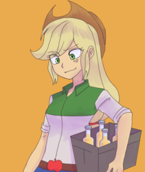 Size: 1082x1280 | Tagged: safe, artist:haibaratomoe, applejack, human, equestria girls, g4, my little pony equestria girls, apple cider, applejack's hat, belt, bottle, cider, clothes, container, cowboy hat, denim skirt, female, freckles, glass, hat, scene interpretation, shirt, simple background, skirt, smiling, solo, stetson, yellow background