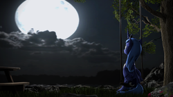 Size: 3840x2160 | Tagged: safe, artist:apexpredator923, princess luna, pony, g4, 3d, female, full moon, high res, looking up, moon, night, s1 luna, solo, source filmmaker, swing, tree
