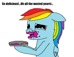 Size: 863x667 | Tagged: safe, artist:logan jones, rainbow dash, g4, secrets and pies, alternate scene, crumbs, crying, eating, food, holding something, just one bite, messy eating, out of character, pie, pie filling, pie tin, spongebob squarepants, tears of joy