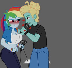 Size: 1900x1800 | Tagged: dead source, safe, artist:mashoart, rainbow dash, zephyr breeze, equestria girls, g4, my little pony equestria girls: better together, blushing, breasts, cleavage, female, karaoke, male, microphone, ship:zephdash, shipping, straight