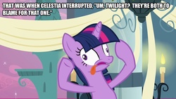 Size: 889x500 | Tagged: safe, edit, edited screencap, screencap, twilight sparkle, pony, a canterlot wedding, g4, caption, derp, female, image macro, solo, text, tongue out