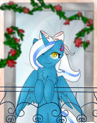Size: 1280x1622 | Tagged: safe, artist:melianpony, oc, oc:fleurbelle, alicorn, pony, adorabelle, adorable face, alicorn oc, balcony, bow, chest fluff, cute, doorway, female, flower, hair bow, happy, holding, long hair, long mane, long tail, love, mare, one eye closed, one eye open, ribbon, romeo and juliet, smiling, smiling at you, spread wings, standing, standing up, sweet, vine, wind, windswept mane, wings, yellow eyes