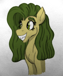 Size: 2078x2486 | Tagged: safe, artist:thr3eguess3s, oc, oc only, oc:apple core, earth pony, pony, bucktooth, bust, eyebrows, female, high res, mare, mixed media, offspring, parent:big macintosh, parent:limestone pie, parents:limemac, smiling, solo