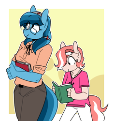 Size: 492x525 | Tagged: safe, artist:redxbacon, oc, oc only, oc:coral, oc:historia, earth pony, anthro, anthro oc, book, clothes, female, glasses, mare, pants, shirt, smiling