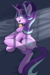 Size: 1181x1772 | Tagged: safe, artist:php97, starlight glimmer, pony, unicorn, g4, bell, bell collar, blushing, cat bell, cheek fluff, chest fluff, collar, cute, dock, ear fluff, eye clipping through hair, featureless crotch, female, glimmerbetes, hair over one eye, looking at you, mare, on side, open mouth, pet glimmer, signature, smiling, solo