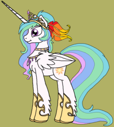 Size: 1016x1136 | Tagged: safe, artist:rosefang16, princess celestia, alicorn, pony, g4, alternate hairstyle, chest fluff, choker, ear fluff, feather, female, green background, hoof shoes, jewelry, mare, necklace, regalia, simple background, solo, tiara, wing fluff