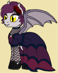 Size: 744x932 | Tagged: safe, artist:rosefang16, oc, oc only, oc:briar rose, bat pony, pony, vampire, bat pony oc, clothes, dress, eyeshadow, fangs, female, fishnet clothing, fishnet stockings, flower, flower in hair, hoof shoes, makeup, mare, simple background, solo, yellow background