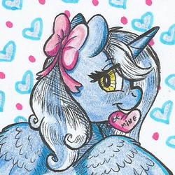 Size: 414x414 | Tagged: safe, artist:69beas, oc, oc only, oc:fleurbelle, alicorn, pony, alicorn oc, bow, female, heart, holiday, mare, smiling, solo, traditional art, valentine's day